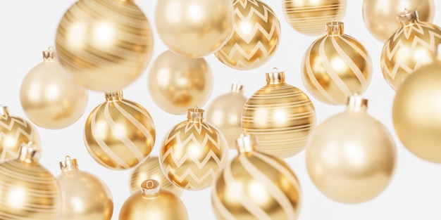 Kerstmis of Nieuwjaar vakantie banner achtergrond met gouden kerstballen of ornamenten, 3d render