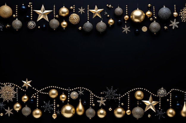 Kerstmis of Nieuwjaar zwarte achtergrond met gouden en zilveren ballen sterren en sneeuwvlokken