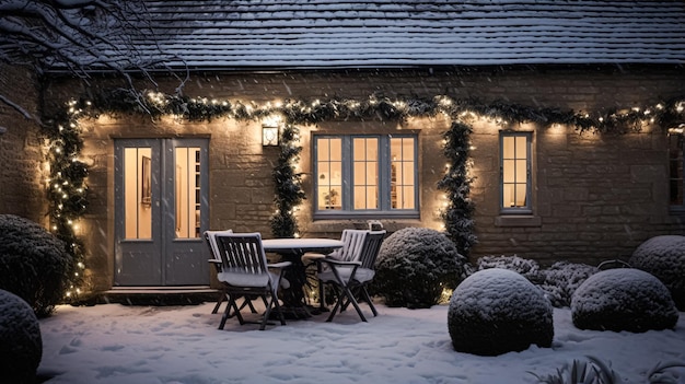 Kerstmis op het platteland, huisje en tuin ingericht voor vakanties op een besneeuwde winteravond met sneeuw en vakantielichten, inspiratie voor Engelse landelijke styling