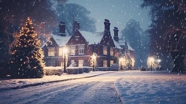 Kerstmis op het platteland landhuis Engels landhuis herenhuis ingericht voor vakantie op een besneeuwde winteravond met sneeuw en vakantielichten Vrolijk kerstfeest en fijne feestdagen ontwerp