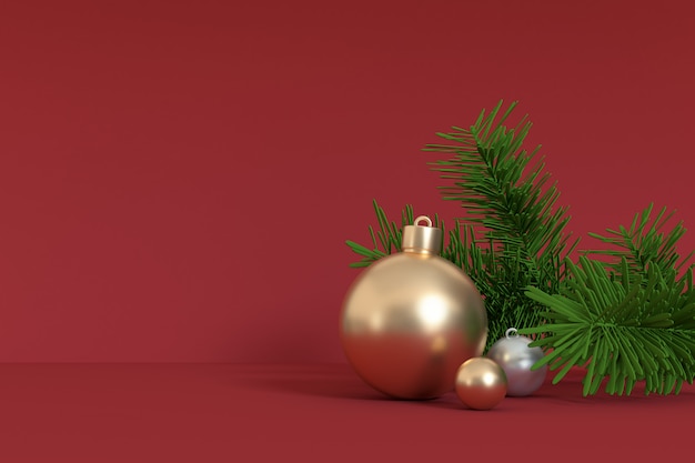 Kerstmis rode achtergrond 3D-rendering gouden bal Kerstmis boom-blad, vakantie Kerstmis Nieuwjaar winter concept linkerkant vrije ruimte