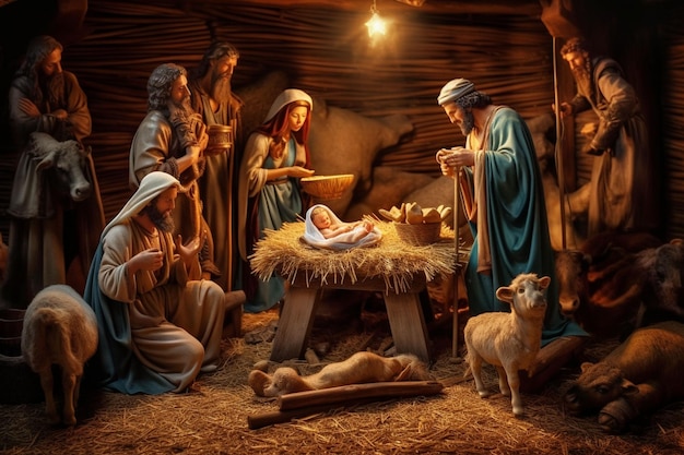 Kerstmis scène van het geboren kind Jezus Christus in de kribbe met Jozef en Maria