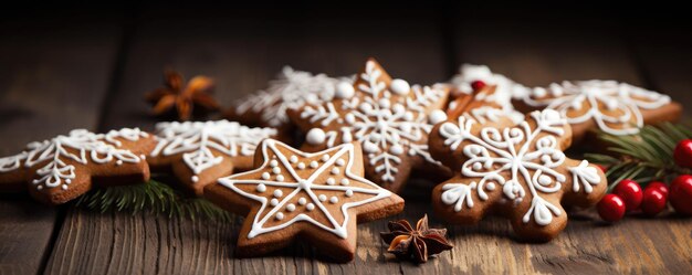 Kerstmis zelfgemaakte peperkoekjes op hout kerst achtergrond Kopieerruimte Generatieve ai