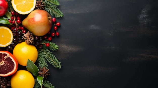 Foto kerstmis zwarte achtergrond met dennen takken rode en gouden ballen kegels en snoepstokje nieuwjaarsgroetekaart kopieer ruimte top view plat leggen
