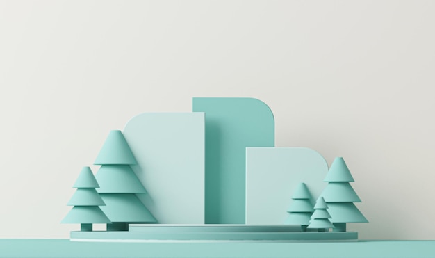 Kerstmisachtergrond met ballen en het podium van pijnbomen op pastelgroene vorm 3d render