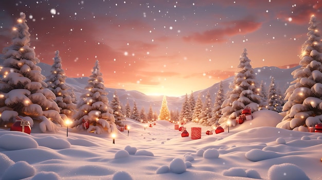 kerstmisachtergrond met besneeuwde sparren en cadeautjes