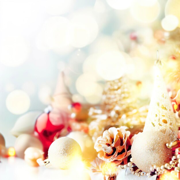 Kerstmisachtergrond met decoraties en bokehlichten op witte achtergrond