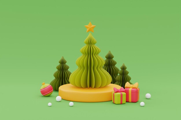 Kerstmisachtergrond met dennenboom Prettige kerstdagen en gelukkig Nieuwjaar 3D-rendering