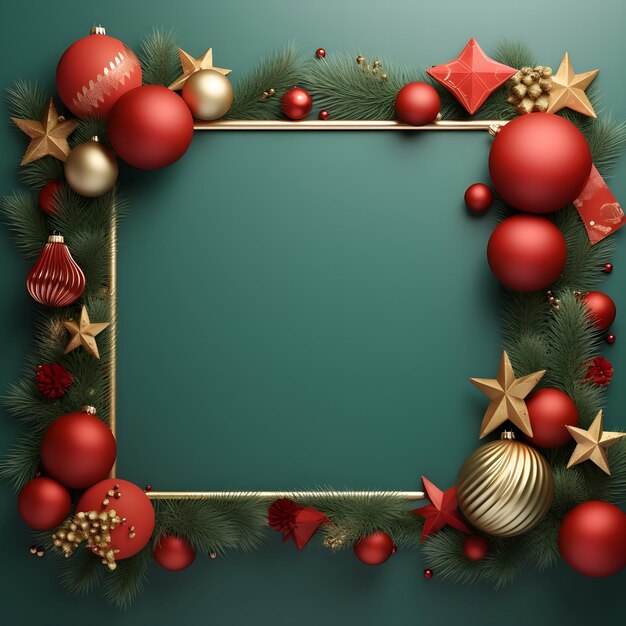 kerstmisframe met rode en gouden decoraties op een groene generatieve ai als achtergrond