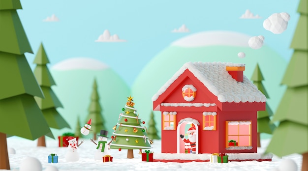 Kerstmispartij met Santa Claus en Sneeuwman bij het rode huis in een pijnboombos, het 3d teruggeven