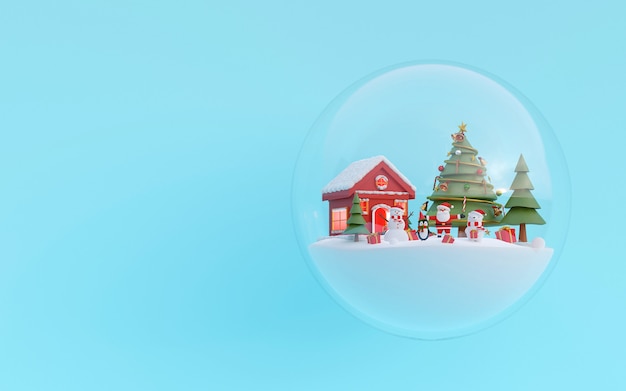 Kerstmispartij met Santa Claus en vriend in sneeuwbol het 3d teruggeven