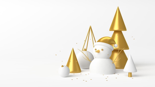 Kerstmissneeuwman met gouden bomen en ballen op witte achtergrond. 3D-rendering.