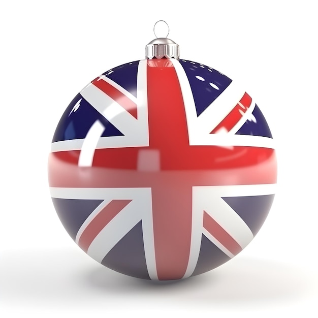 Kerstmisstuk speelgoed bal in kleuren van de vlag van Groot-Brittannië die op witte achtergrond wordt geïsoleerd