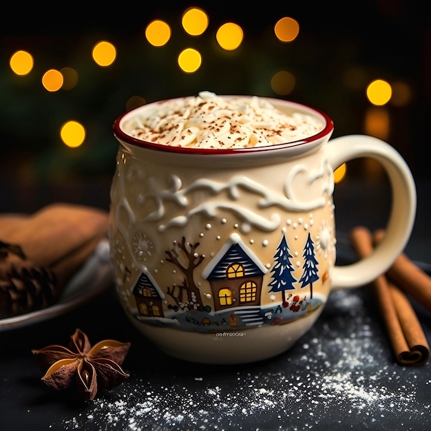 Foto kerstmok met warme chocolademelk met room