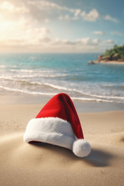Kerstmuts op het strand met een blauwe lucht en zee op het achtergrondkerstmisbehang