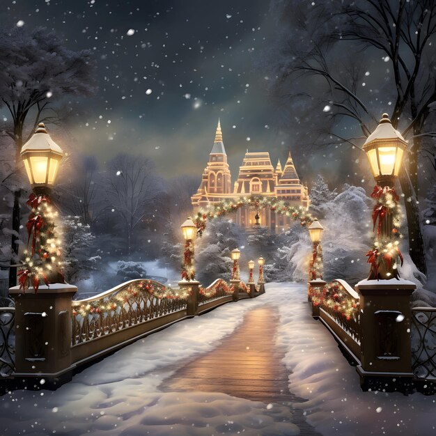 Foto kerstnacht zachte omhelzing van vallende sneeuw op weg naar het kasteel