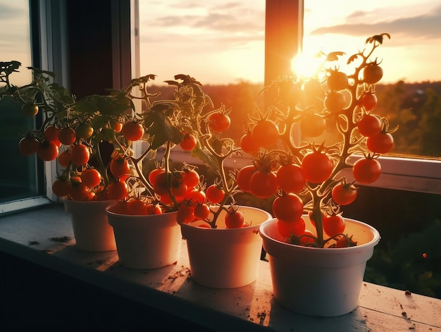 Kerstomaatjes geteeld in bloempotten op balkon of vensterbank Thuis tuinieren tomaten