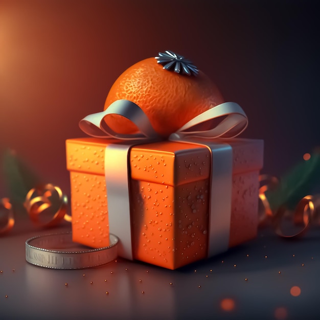 Kerstpakket in oranje kleur, versierd met oranje lint en fruit