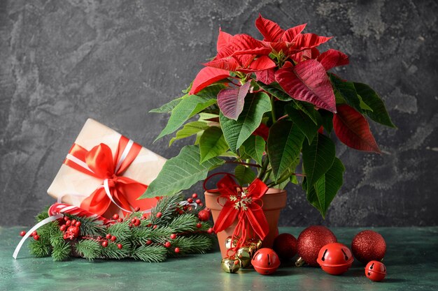 Kerstplant poinsettia en decor op tafel