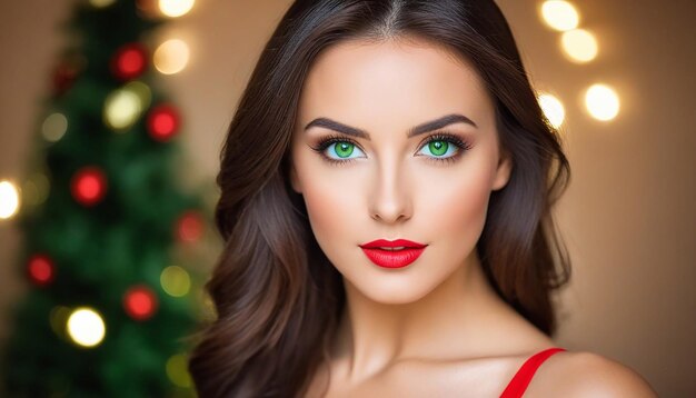 Kerstportret mooie brunette vrouw groene ogen