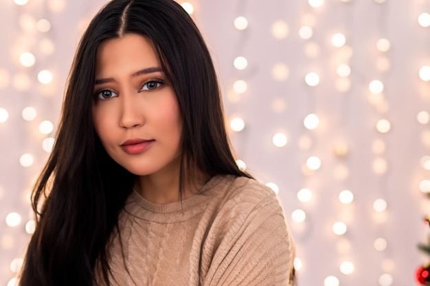 Kerstportret van een mooie brunette vrouw met bruine ogen en een grijze wintertrui