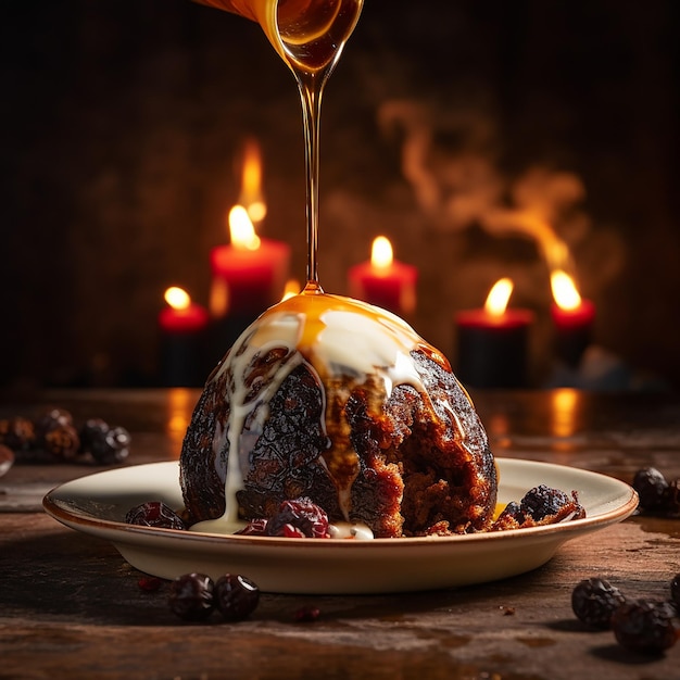 Kerstpudding met vlammende cognacsaus