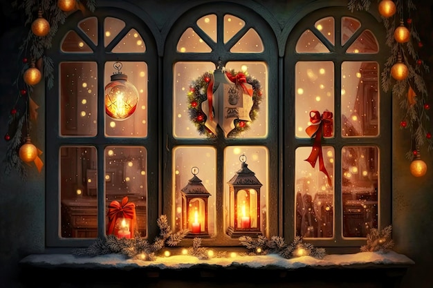 Kerstraam met kerstlantaarns op raam en slinger in frame gemaakt met generatieve ai