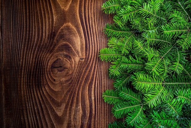 Kerstrand Achtergrond Groene Grenen Garland op Houten Planken