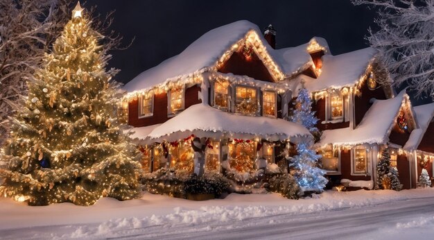 Kerstscene met kerstversieringen sneeuw op de huizen kerstlichten kerstboom