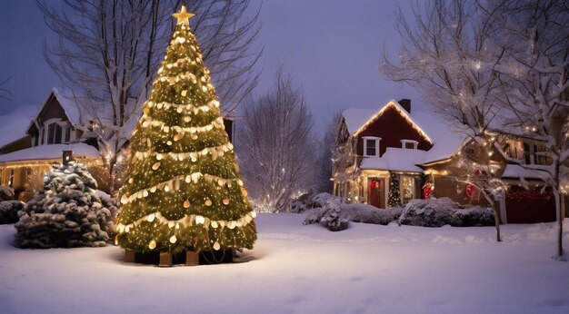 Kerstscene met kerstversieringen sneeuw op de huizen kerstlichten kerstboom