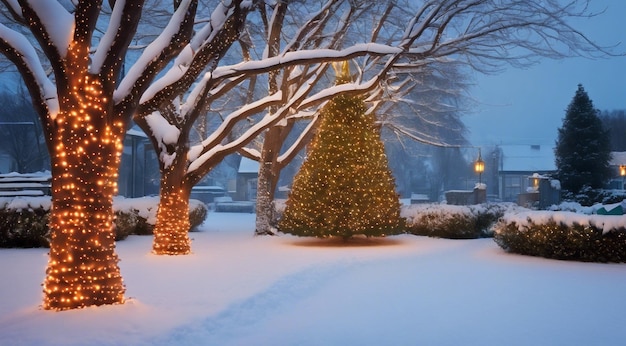 Kerstscene met kerstversieringen sneeuw op de huizen kerstlichten kerstboom