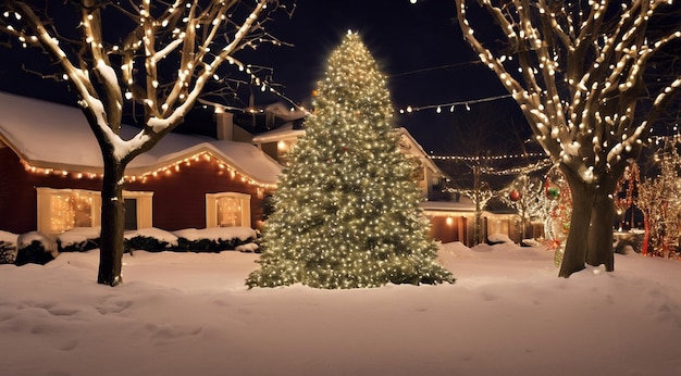 Kerstscene met kerstversieringen sneeuw op de huizen kerstlichten kerstboom