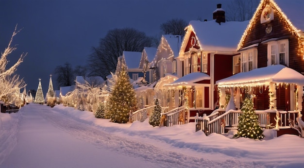 Kerstscene met kerstversieringen sneeuw op de huizen kerstlichten kerstboom