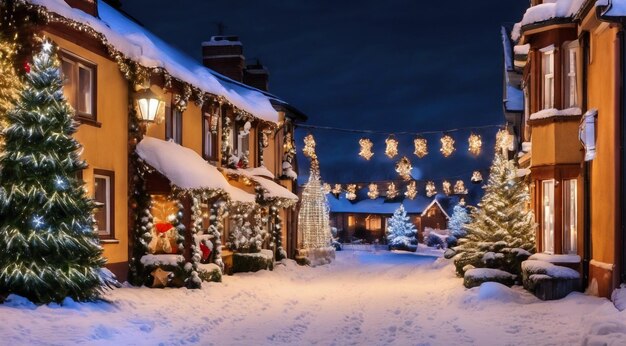 Kerstscene met kerstversieringen sneeuw op de huizen kerstlichten kerstboom