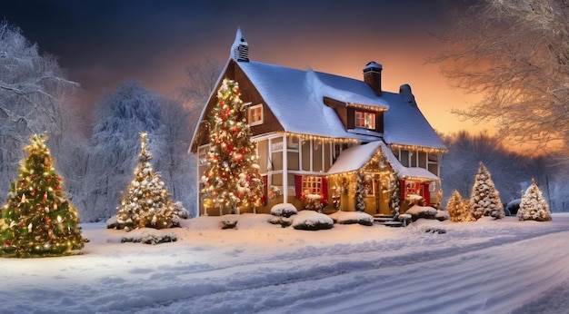 Kerstscene met kerstversieringen sneeuw op de huizen kerstlichten kerstboom