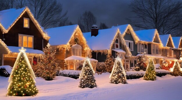 Kerstscene met kerstversieringen sneeuw op de huizen kerstlichten kerstboom