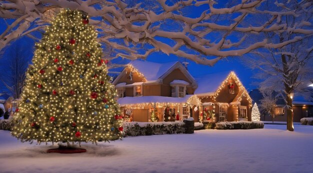 Kerstscene met kerstversieringen sneeuw op de huizen kerstlichten kerstboom