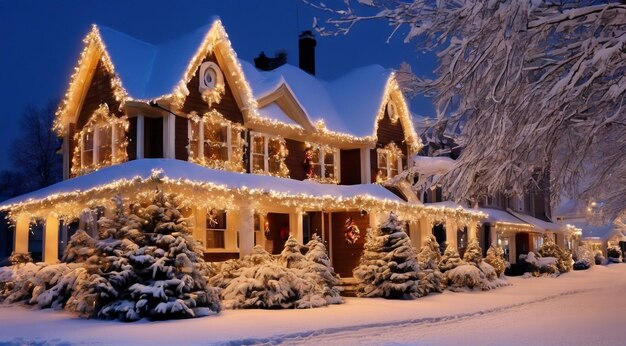 Foto kerstscene met kerstversieringen sneeuw op de huizen kerstlichten kerstboom