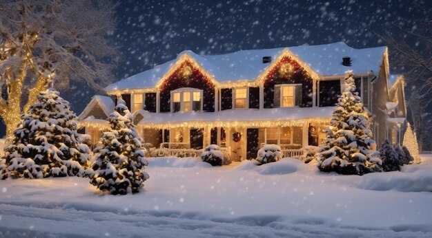 Kerstscene met kerstversieringen sneeuw op de huizen kerstlichten kerstboom