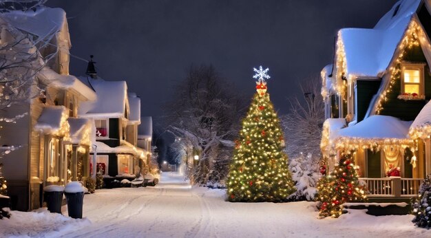 Kerstscene met kerstversieringen sneeuw op de huizen kerstlichten kerstboom