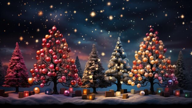 Foto kerstscène met verschillende versierde en verlichte kerstbomen kerstcadeaus zeer sta