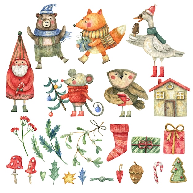 Kerstset met schattige kabouter-elf, dierenvos, muis, uil, beer, gans en nieuwjaarsdecor.