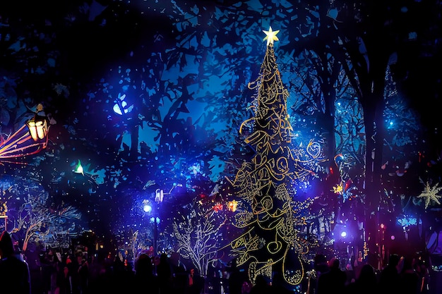 Kerstshow in de straten van Los Angeles Cartoonstijl Multi gekleurde kerstverlichting voor de Christus