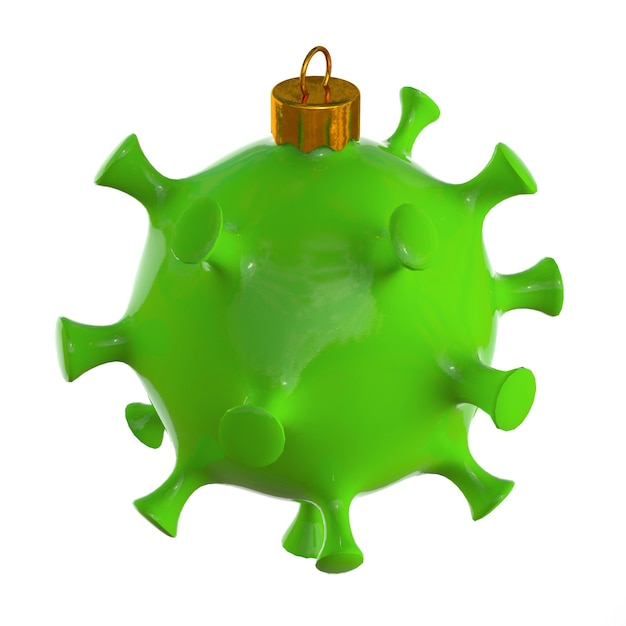 Kerstspeelgoed in de vorm van een virus. Coronavirus. geïsoleerd op een witte achtergrond. 3D render.