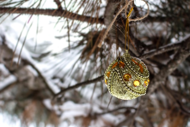 Kerstspeelgoed op de boom in een dennenbos in de winter na een sneeuwval