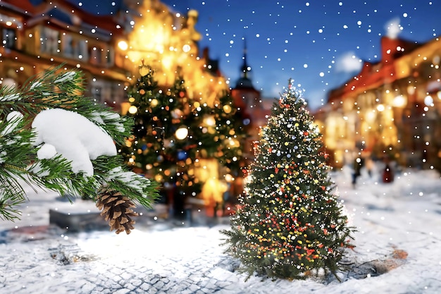 Kerststad en Nieuwjaar Feestelijke decoratie groene boom verlichte besneeuwde oude stad
