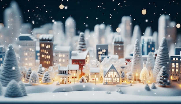 Foto kerststad in miniatuur klein dorp verlicht model scene van gezellige besneeuwde huizen speelgoed gebouwen bomen met sneeuw sneeuwval compositie nieuwjaar achtergrond winter magische groetkaart concept