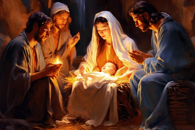 Foto kerststal vertep religieus concept ster van bethlehem geboorte van de zoon van god jezus christus de maagd maria jozef christelijke kerstbijbel wonder heilige familie generatieve ai