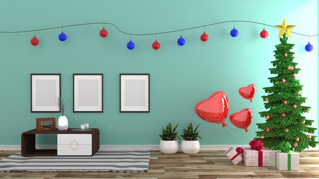 Kerststijl, mint kamer interieur, moderne stijl. 3d-rendering