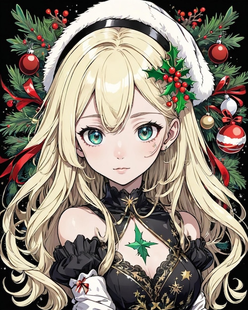 Kerststijl portret van anime meisje zwarte achtergrond vanillestijl